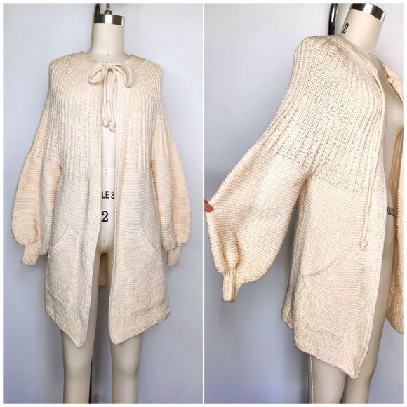 Chunky Knitted Wool Blend Cardigan Sweater Pockets Big Poet Balloon Sleeves XXS